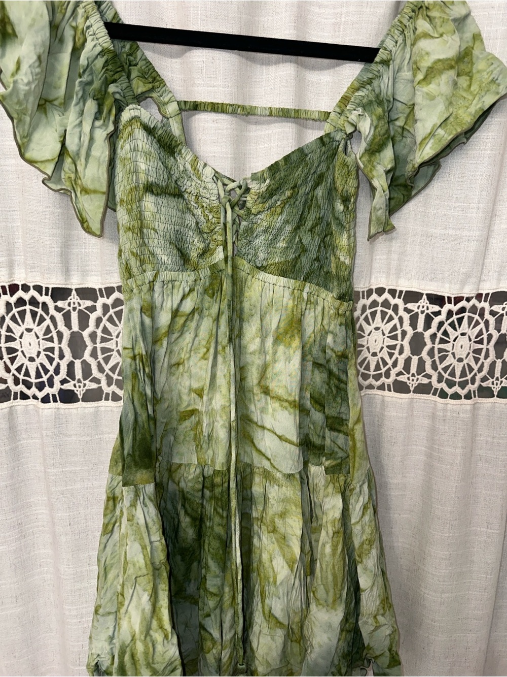 Green Tie-Dye Mini Dress – Smocked Bodice & Flutter Sleeves
